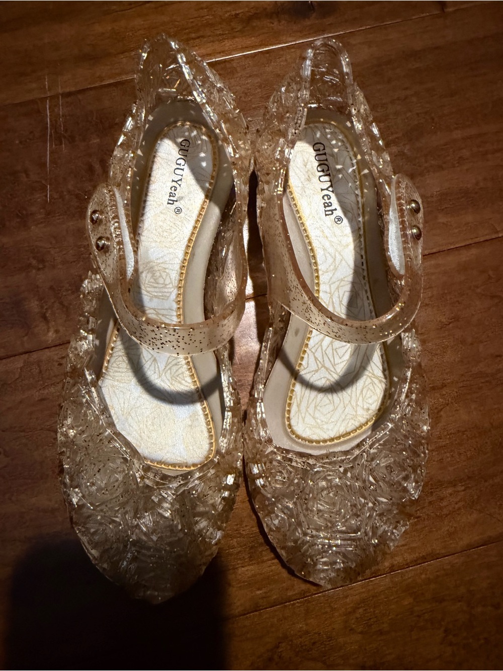 GUGUyeah Girls' Clear Gold Jelly Mary Jane Shoes Size 33